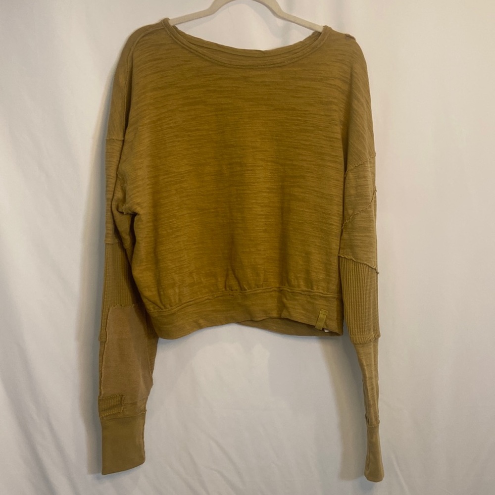Free People Five Star Green Patchwork Cropped Long Sleeve Top